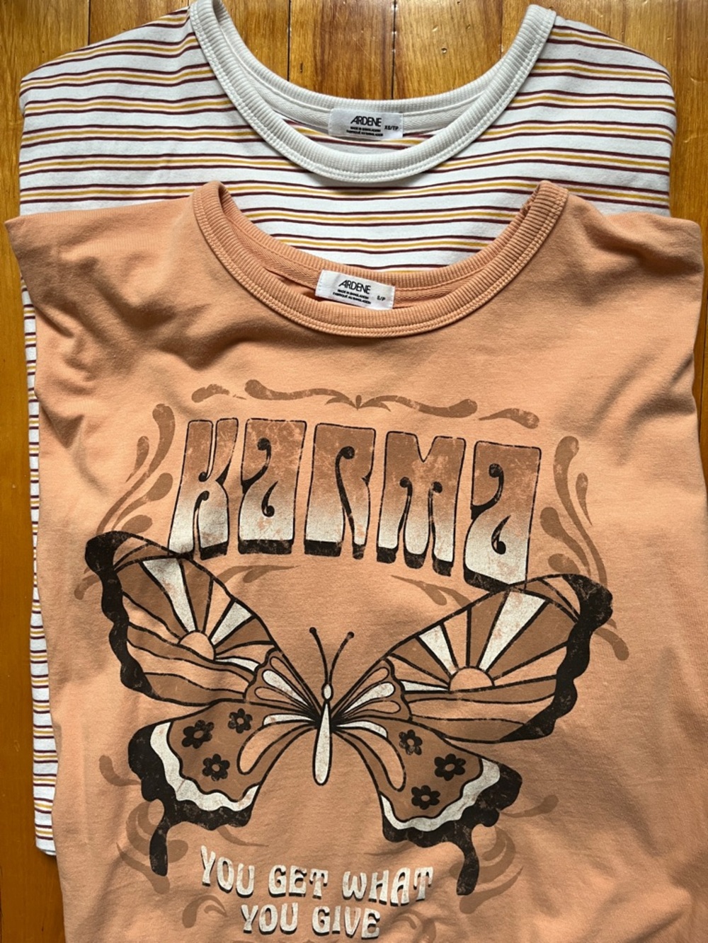 Ardene Peach Graphic Tee + Cream Striped Tee - Women's Short Sleeve